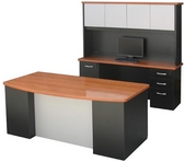 Black Laminate Milano Desk w/ Oiled Cherry Top, Brushed Silver Modesty Shield & Matching Hutch & Credenza