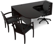 Black Finish L-Shape Bullet Desk w/ Matching Guest Chairs & Black Mesh Ergonomic Chair