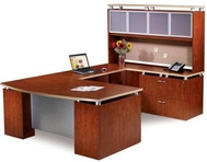 Mahogany Finish Desk with Aluminum Laminate Modesty Panel & Glass Doors