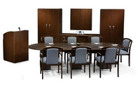 DM Racetrack Conf Room Table w/ Matching Chairs, Lectern, Storage Cabinets & Presentation Board