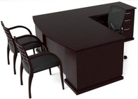 Dark Mahogany Finish L-Shape Desk w/ Matching Guest Chairs & Black Mesh Ergonomic Chair
