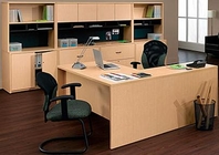 Tiger Maple Finish L-Shape Desk w/ Matching Hutch, Credenza, & Storage Cabinets
