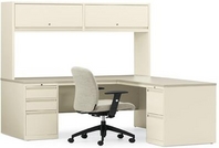 L-Shape Desk w/ Constellation Oatmeal Laminate Top & Bone Steel Chassis w/ Matching Storage Unit