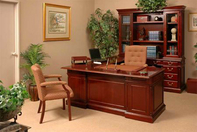 Harvard Desk w/Return, Matching Hutch & Credenza, High Back Executive Chair, Fabric Guest Chair