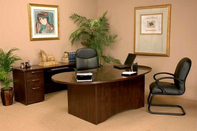Contoured Desk , Matching Credenza, Leather Executive Chair & Leather Guest Chair