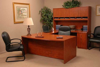 Contoured Desk w/ Return, Matching Hutch & Credenza, Mid-Back Executive Leather Chair & Leather Guest Chair