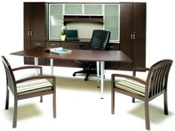 Tuscan Walnut Finish Table Desk w/ Matching Hutch, Credenza, Storage Cabinets, & Guest Chairs; Executive Black Leather Chair
